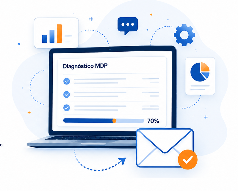Ilustração do Diagnóstico MDP: painel com checklist e progresso de avaliação